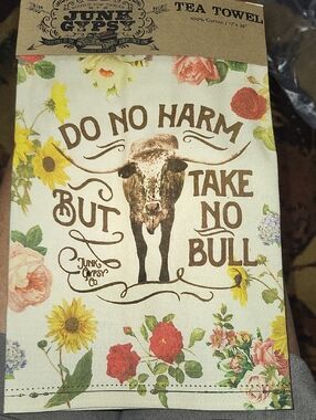 Junk Gypsy Do No Harm, Take No Bull Floral Cotton Tea Towel - Cream/Brown